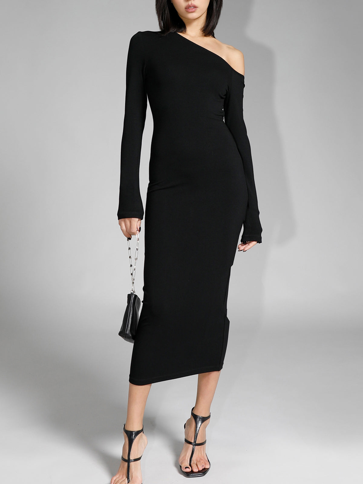 Asymmetric Off Shoulder Long Sleeve Midi Dress