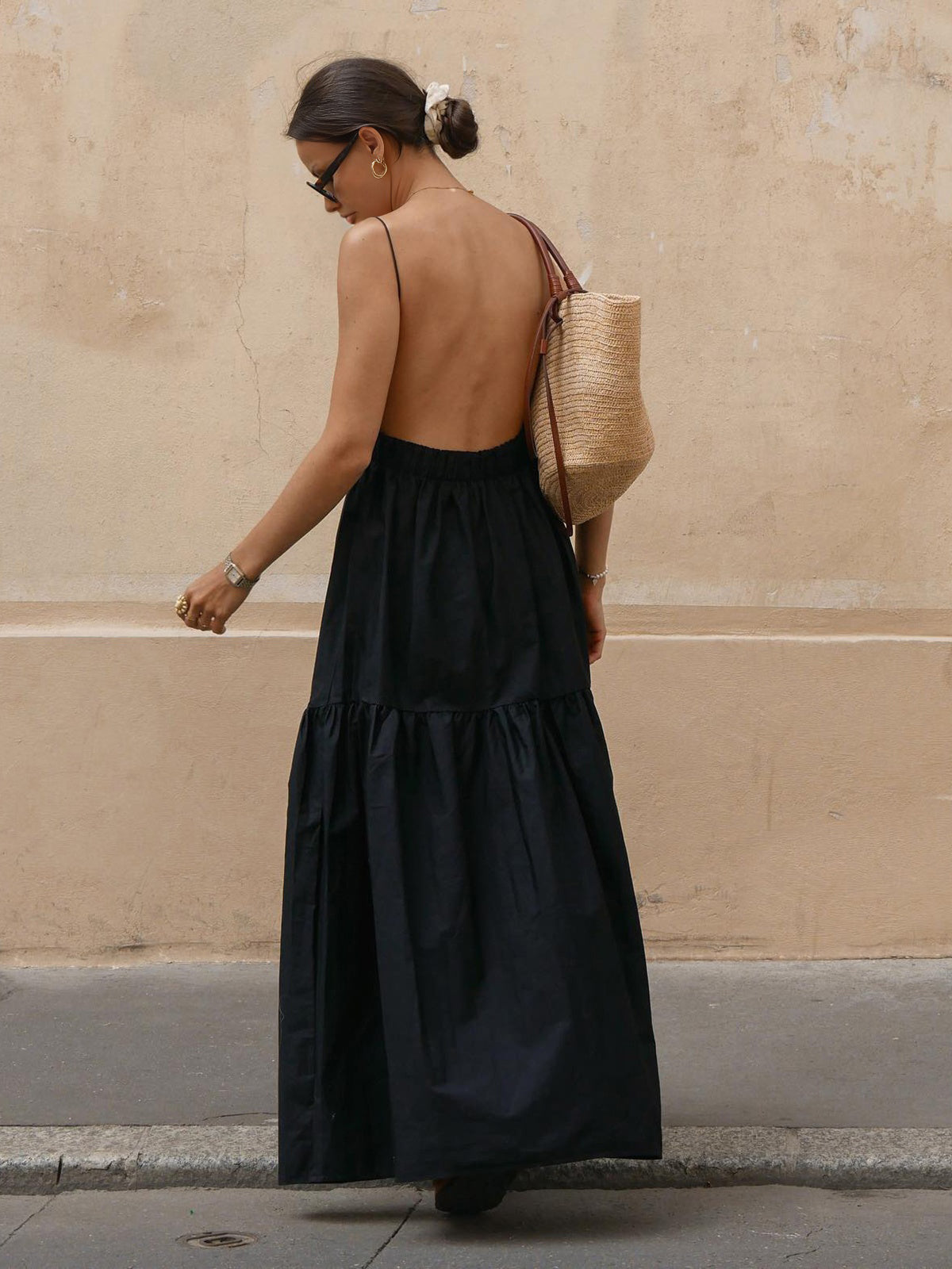 Solid Backless Long Dress