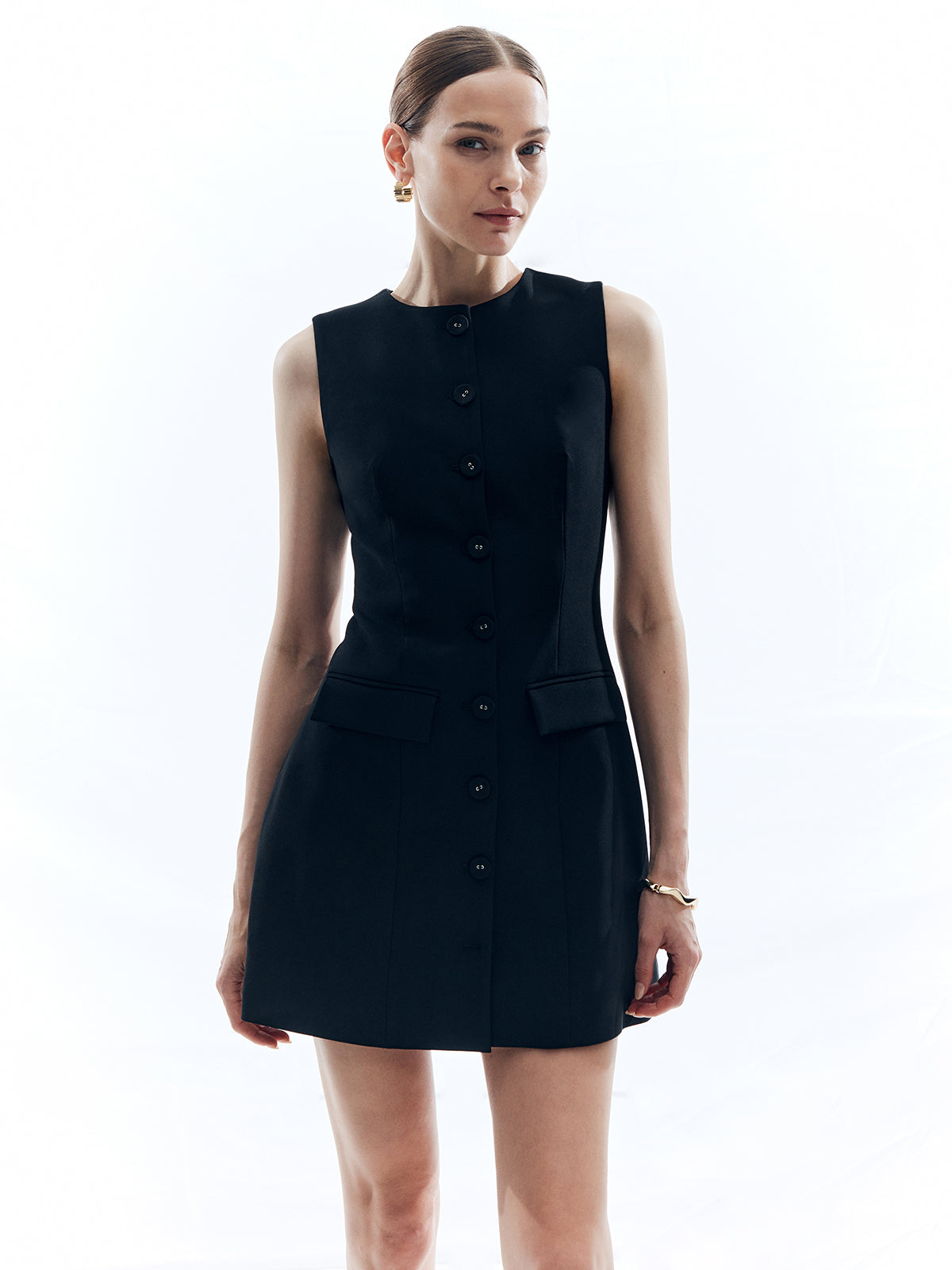 Button Solid Crew Neck Sleeveless Dress