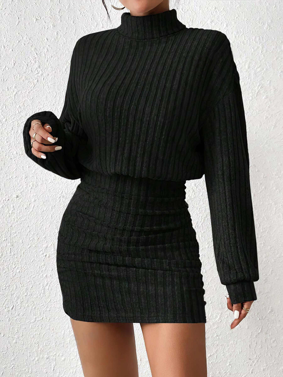 Mock Neck Ribbed Short Dress