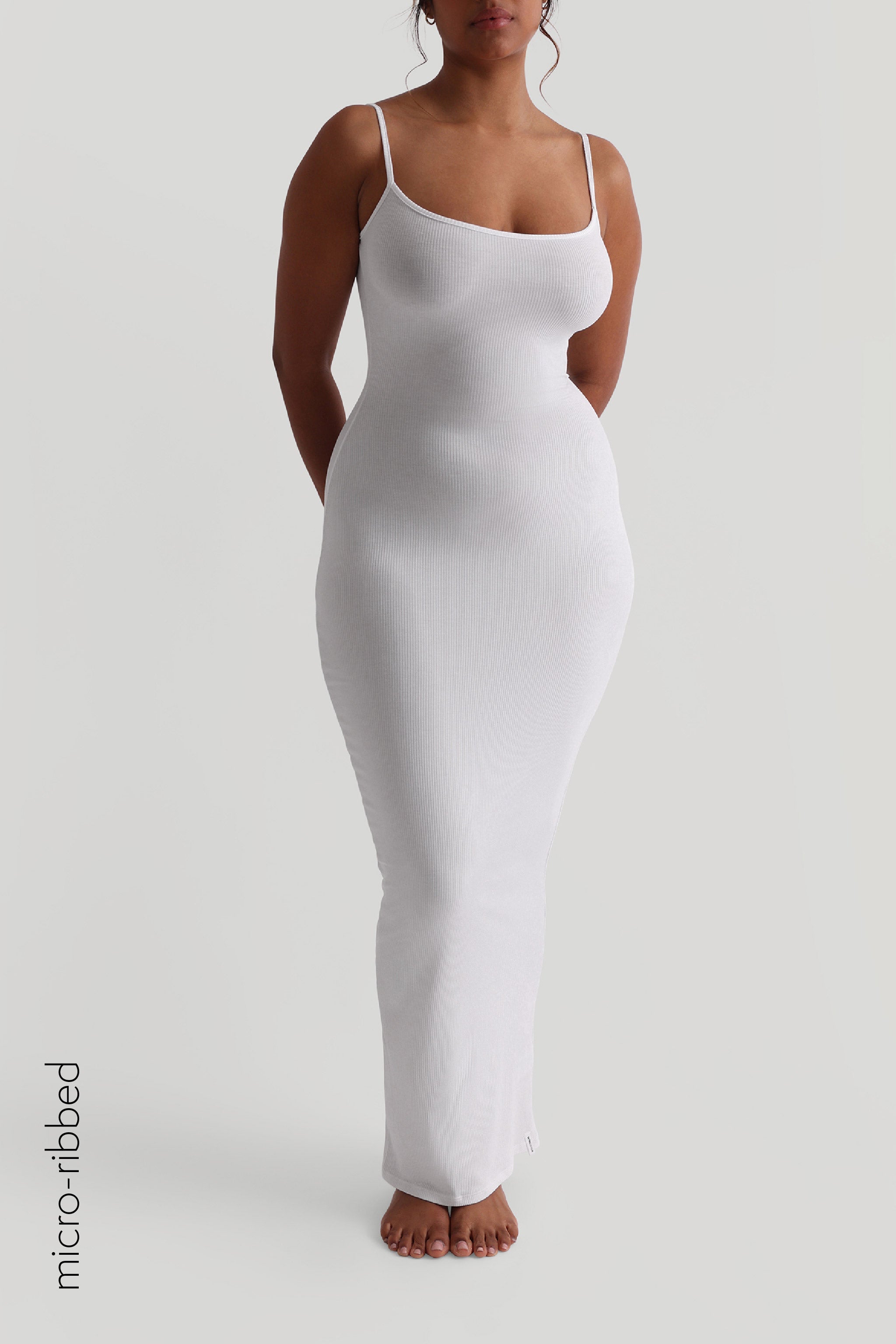 White Slip-On Micro-Ribbed Maxi Dress