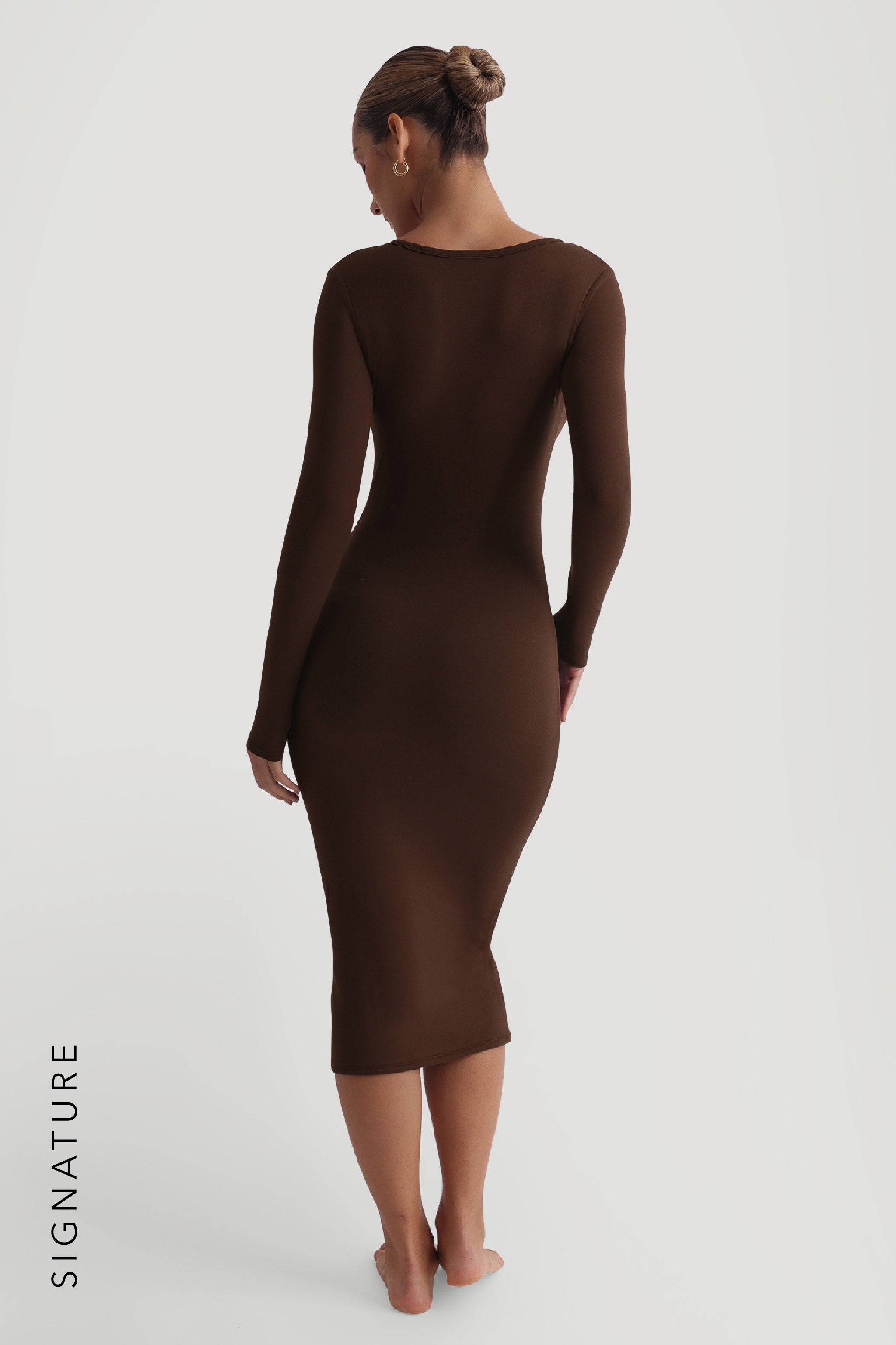 Cacao V-Shape Long Sleeve Midi Dress