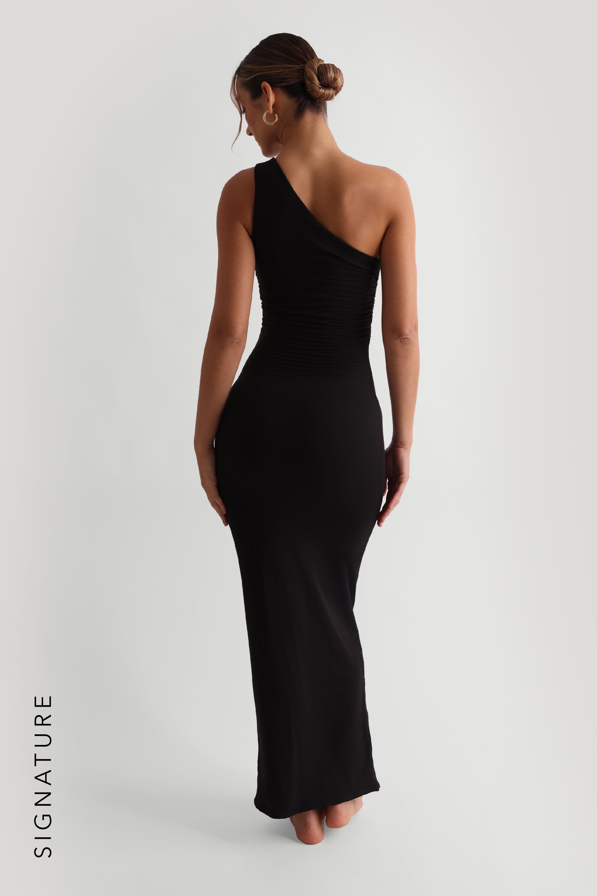 One-Shoulder Black Ruched Maxi Dress