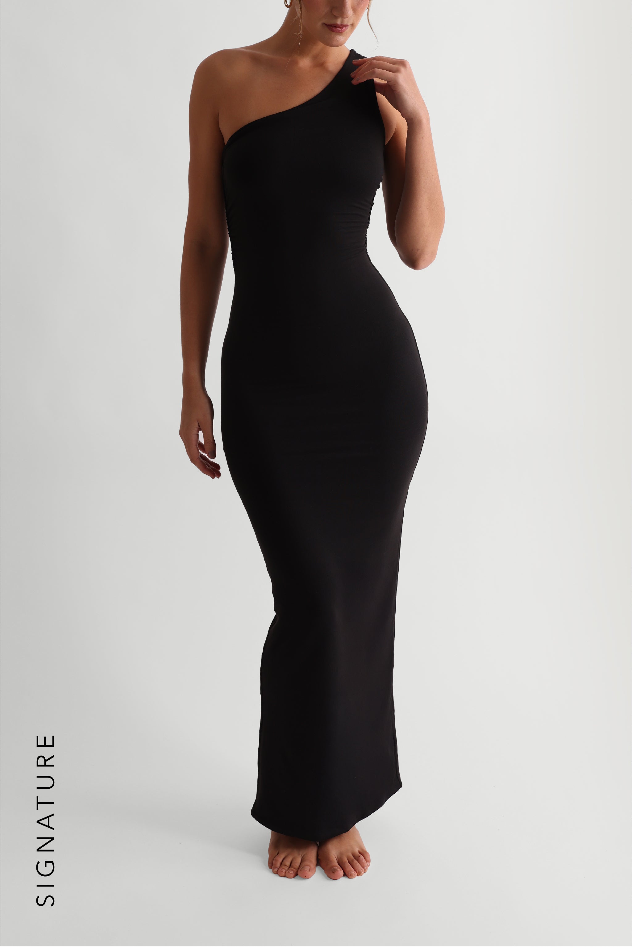 One-Shoulder Black Ruched Maxi Dress