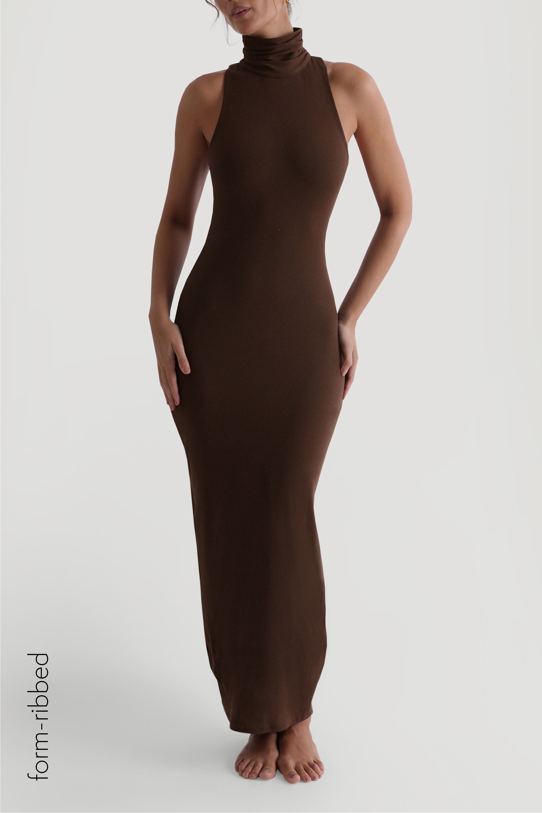 Cocoa Turtleneck Form-Ribbed Maxi Dress