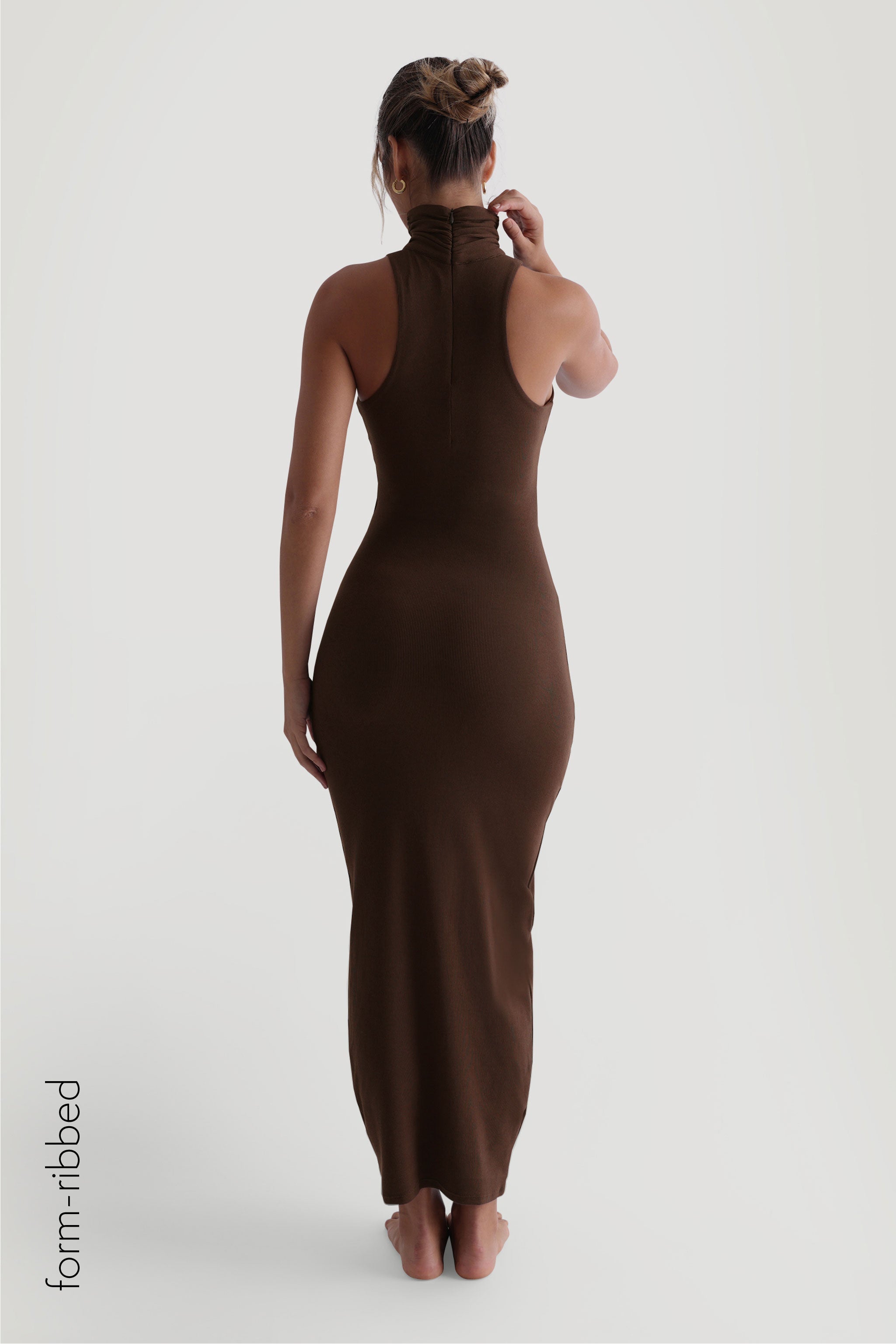 Cocoa Turtleneck Form-Ribbed Maxi Dress