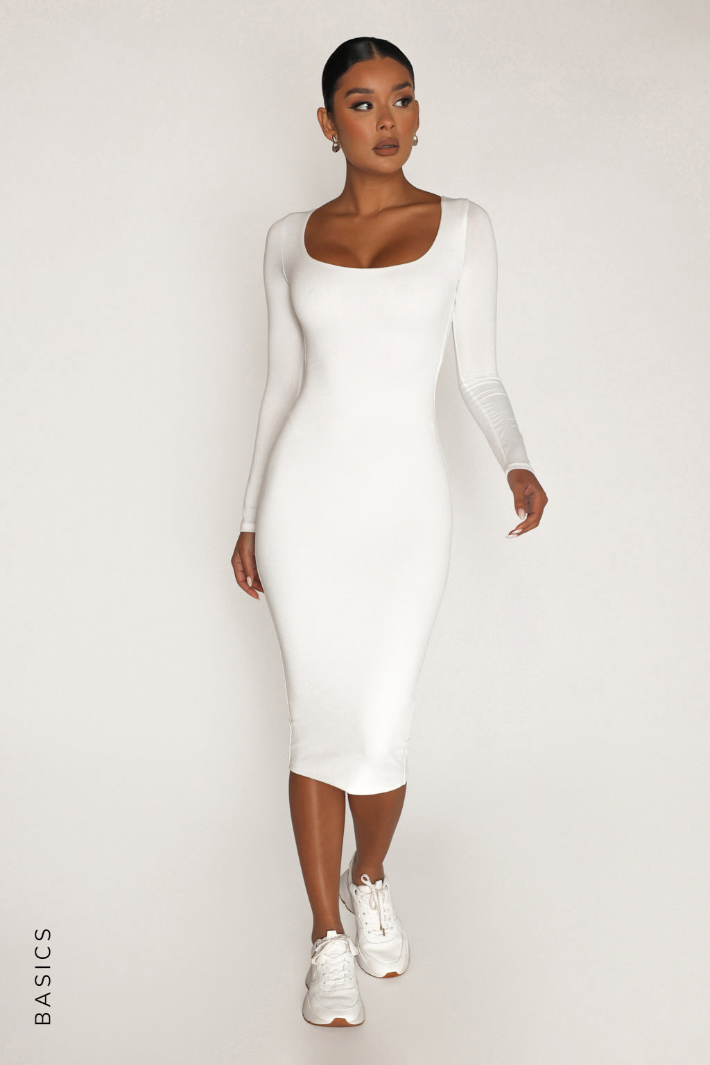 White Round Neck Midi Dress