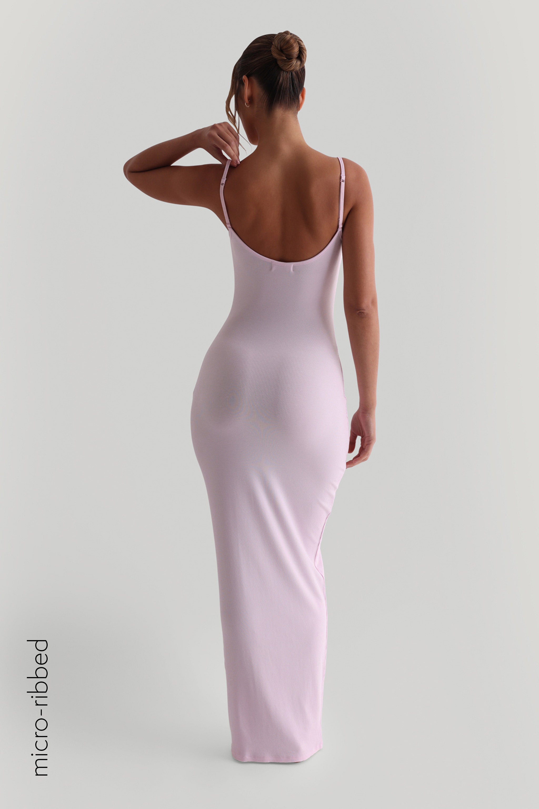 Soft Pink Slip On Micro Ribbed Maxi Dress