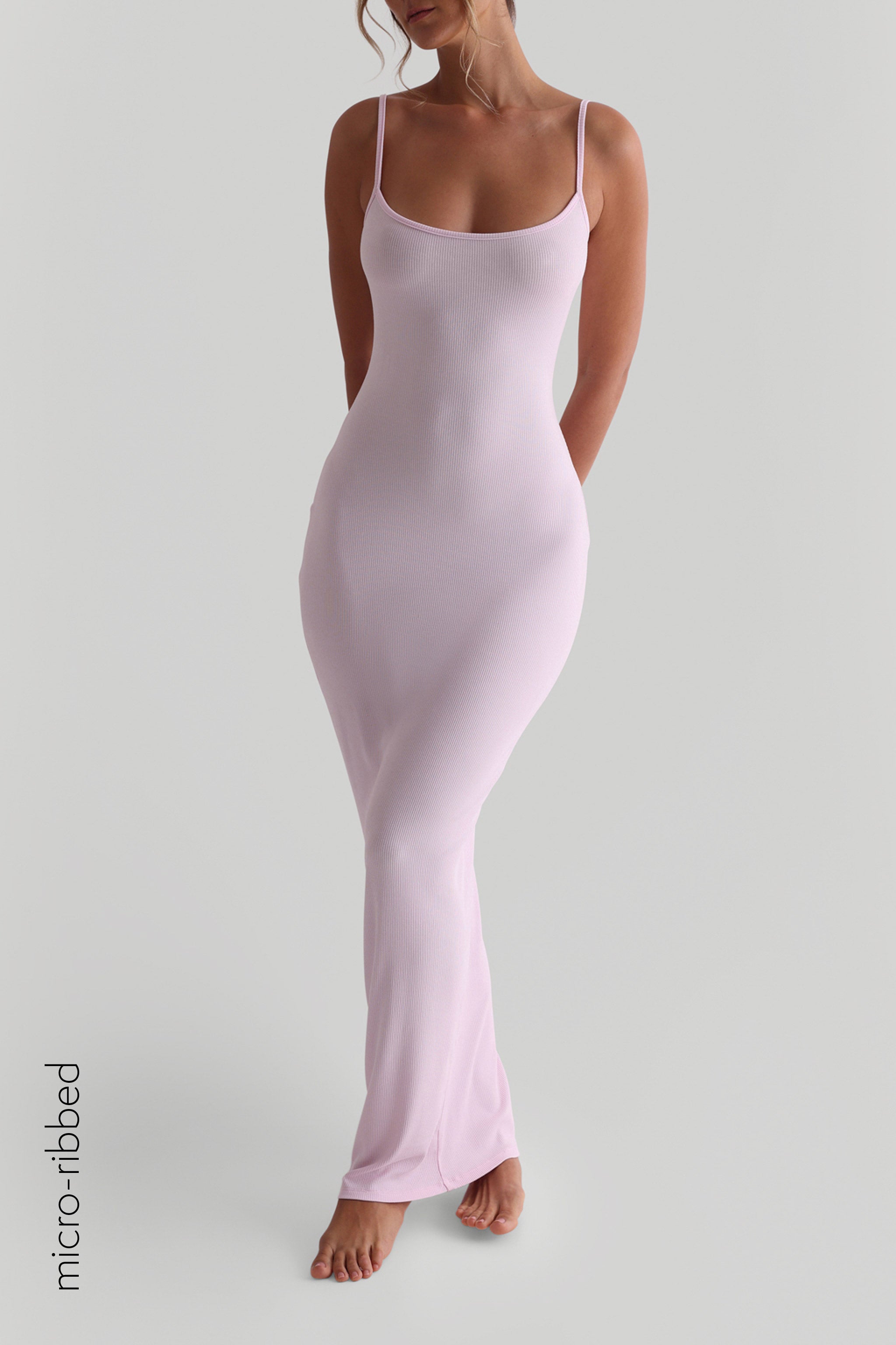 Soft Pink Slip On Micro Ribbed Maxi Dress