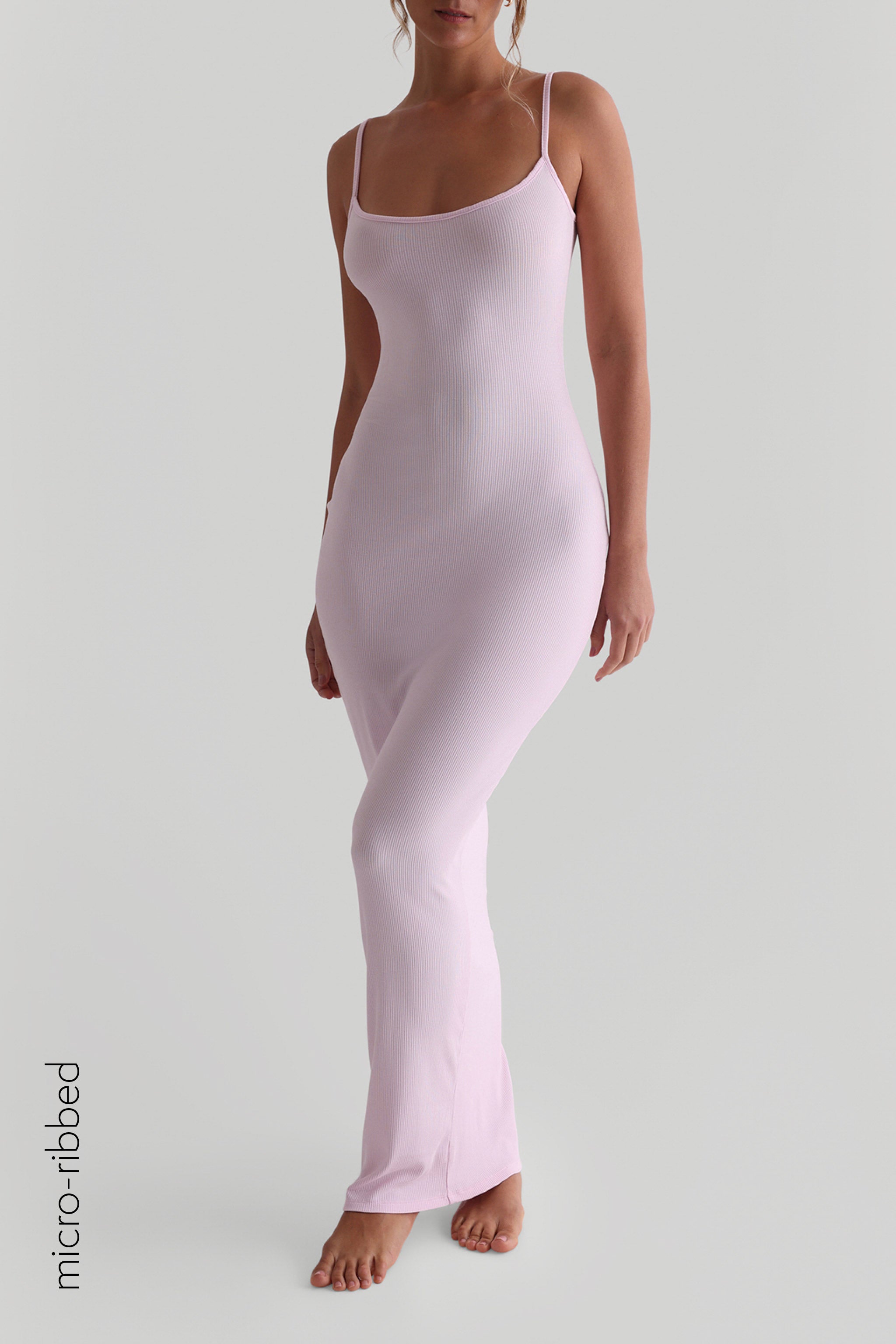 Soft Pink Slip On Micro Ribbed Maxi Dress