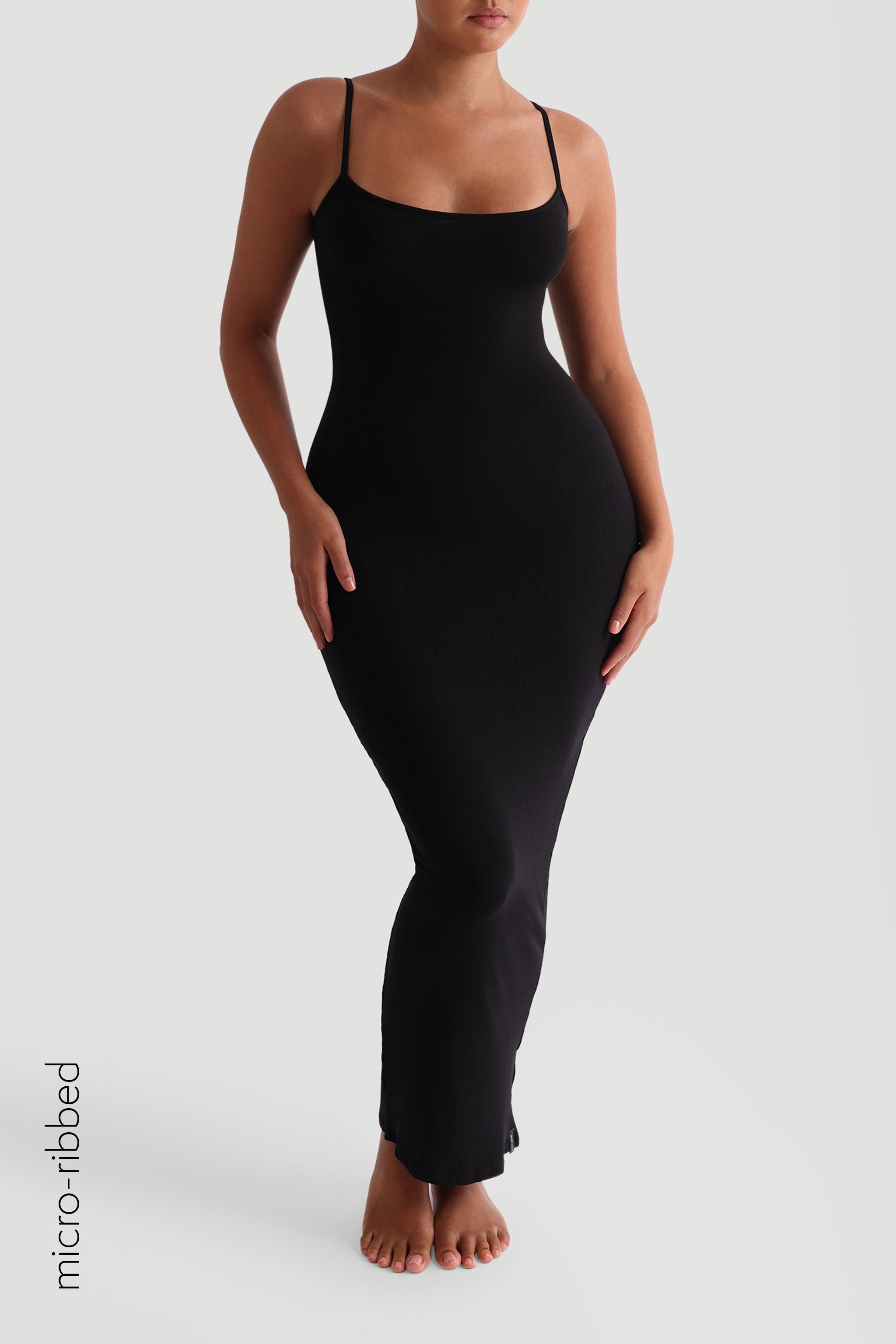 Black Slip-On Micro-Ribbed Maxi Dress